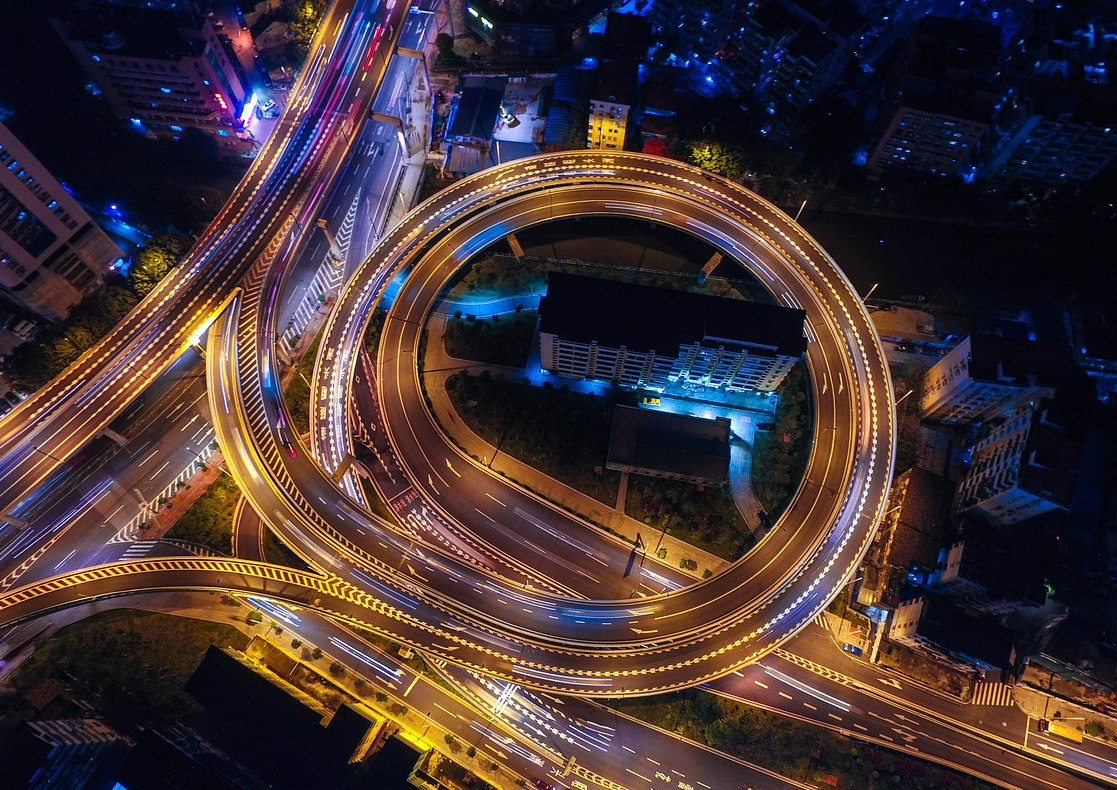 aerial night view of highway interchange